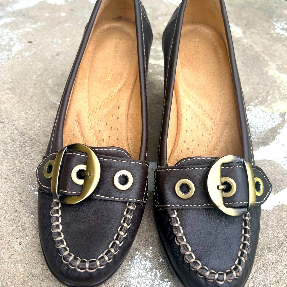Naturalizer Tempero Womens Black Leather Wedge Heel Comfort Buckle Loafer Sz 6M